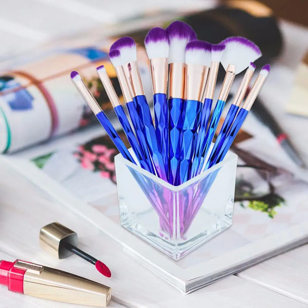 Conjunto de pincéis de maquiagem com cabo de diamante colorido, 11 conjuntos de pincéis de maquiagem para cabelo roxo unicórnio e outras cores