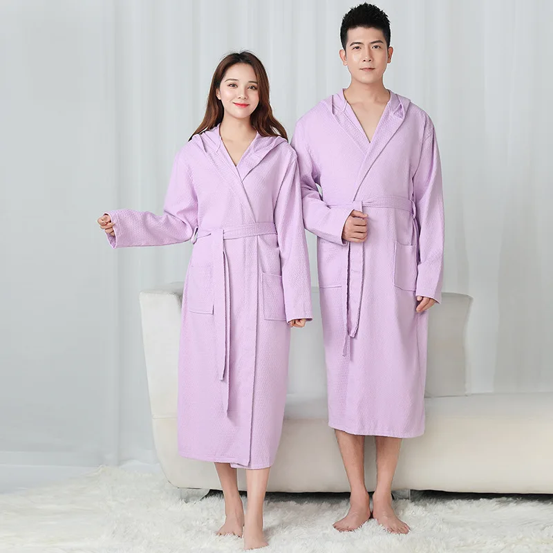 

FZSLCYIYI Cotton Waffle Bathrobe Long Hooded Men's Robe Bride Male Kimono Thin String Couple Loose Home Bathrobe