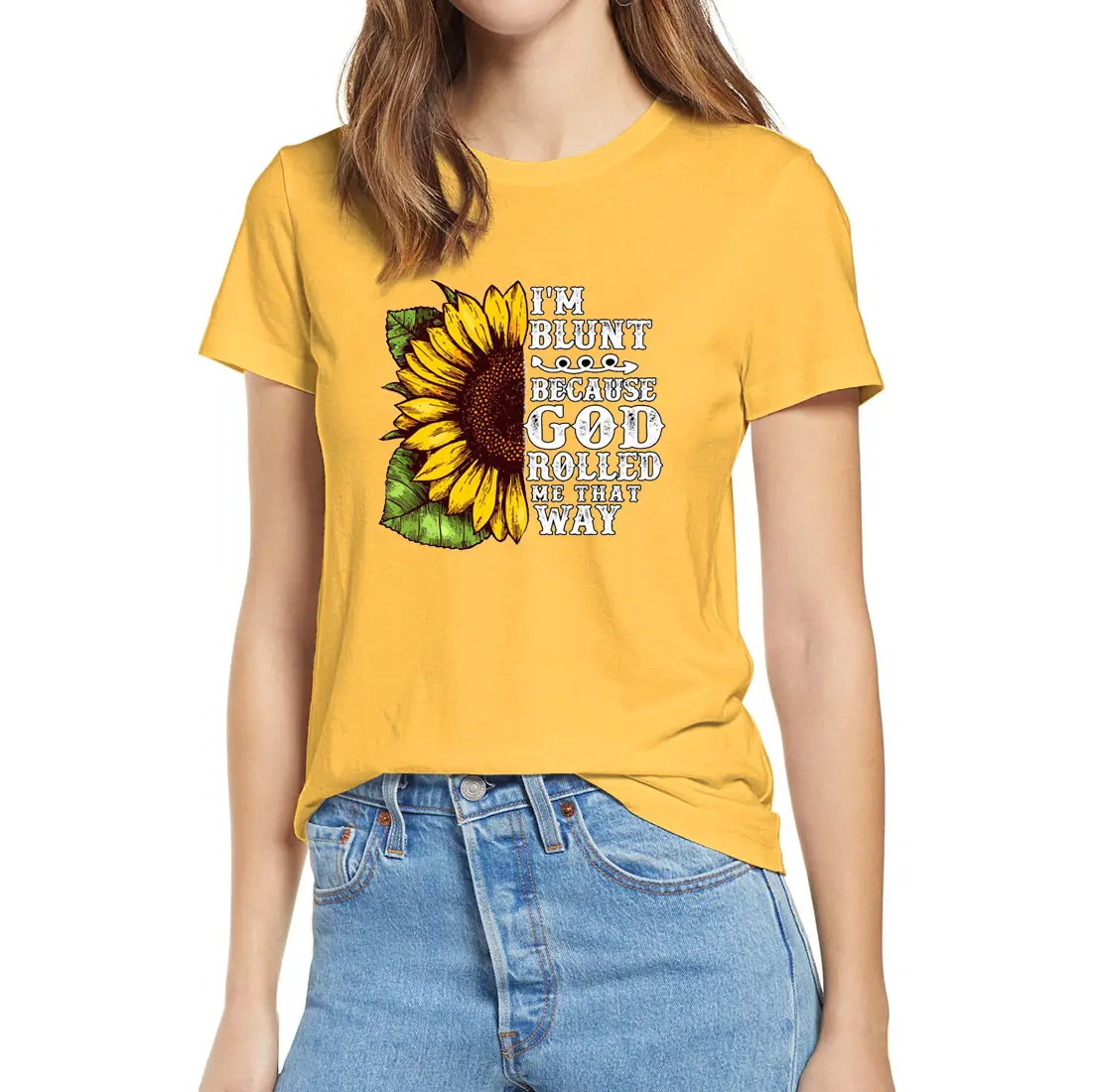 

Unisex Christ Sunflower Im Blunt Because God Rolled Me That Way Women's 100% Cotton Short Sleeves T-Shirt Gift Soft Tops Tee