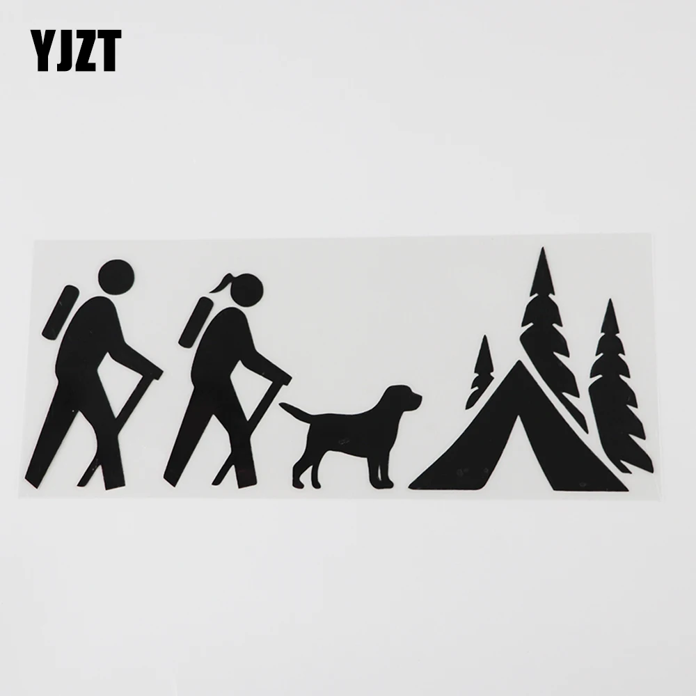 YJZT 18.3CMX7.2CM Hiking Camper Couple with Dog Decal Vinyl Car Sticker Black/Silver 8A-1027