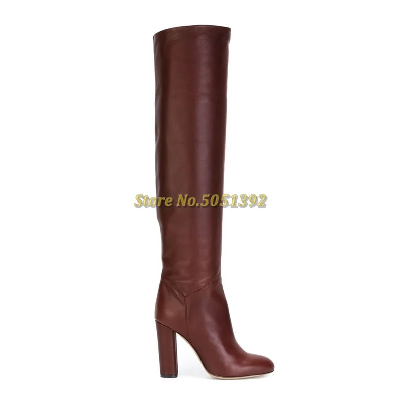 Round Toe Slip On Knee High Boots Block High Heel Leather Dress Women Boots Matte Leather Winter Wide Calf Fashion Shoes Women