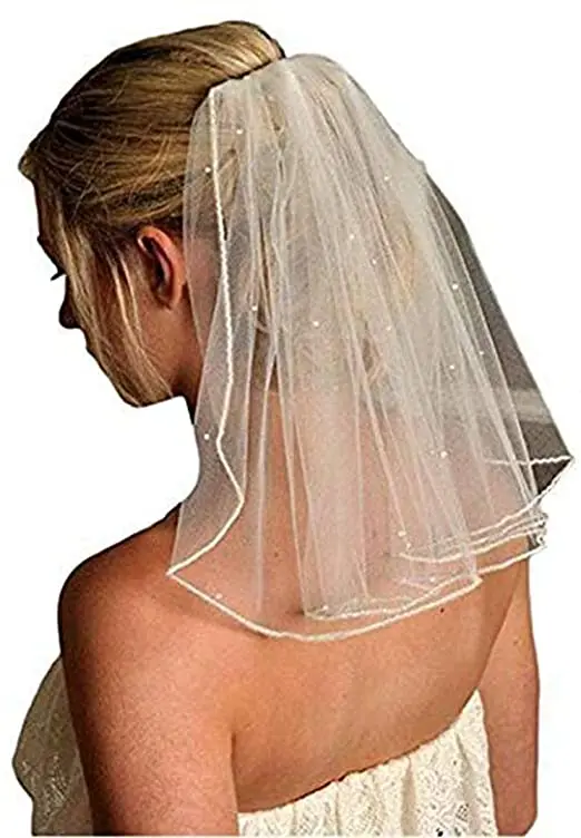 Véu curto do casamento para mulheres, apliques do laço, pente frisado, elegante e Refine