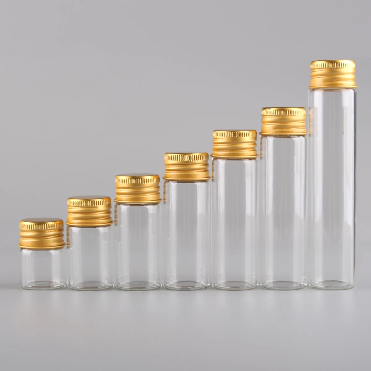 24pcs/lot 5ml 7ml 10ml 14ml 18ml 20ml 25ml 30ml Glass Spice Bottles With Golden Aluminum Caps Decorative Bottles Wedding Favors