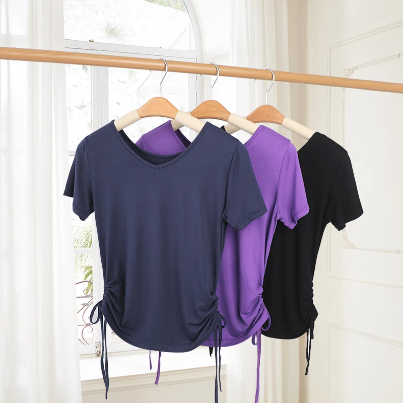 Tops de Ballet para adultos, Tops de vendaje con cordón, Modal, manga corta, cuello en V, camiseta de baile, Ropa de baile, traje de entrenamiento