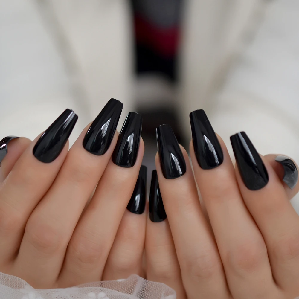 Plain Solid Black Long Ballerina Press on UV Fake Art Nail Tips Coffin Tapered Shape Salon False Finger Nails Faux Ongle