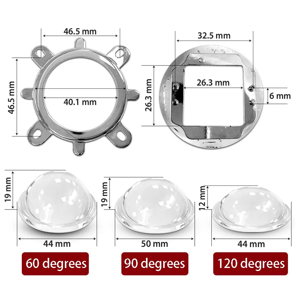 44mm Optical Glass LED Lens 60/90/120 Degree 50mm Reflector Cup Collimator Fixed Bracket For 20W 30W 50W 100W COB High Power LED