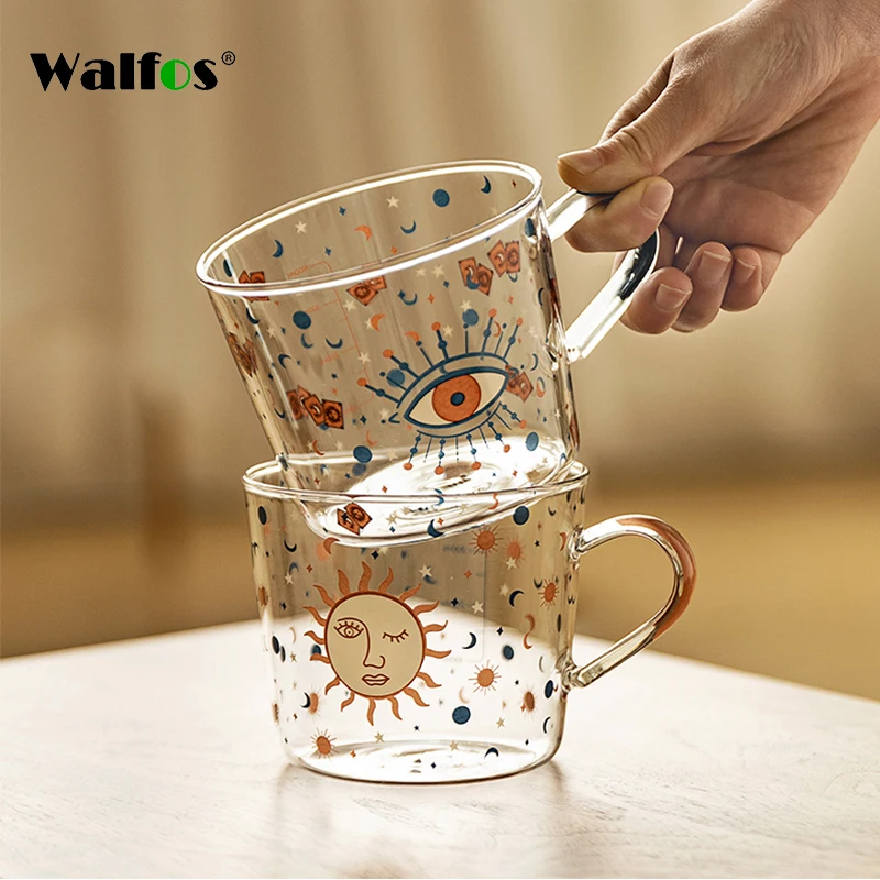 

Walfos 500ml Creative Scale Glass Mug Breakfast Mlik Coffe Cup Household Couple Water Cup Sun Eye Pattern Drinkware