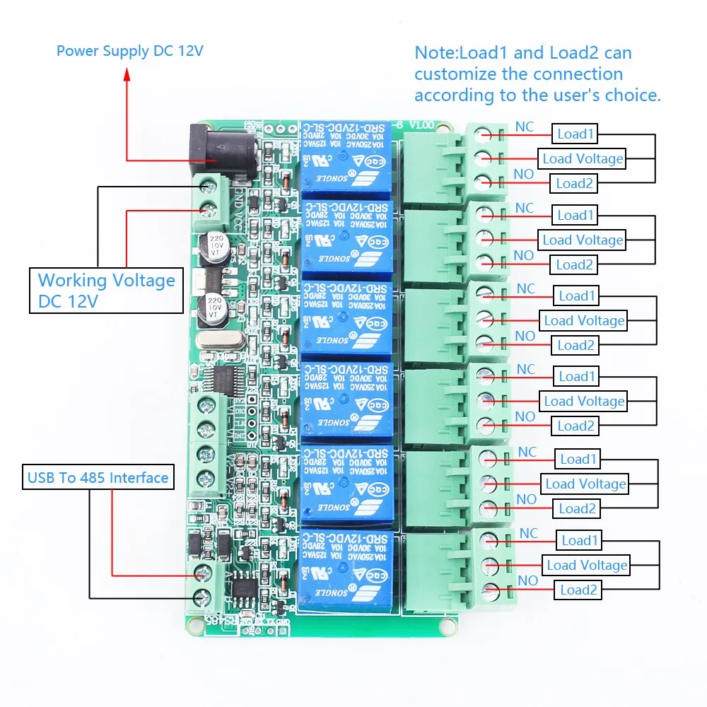 RS485 Modbus-RTU 12V Relay Module Switch Controller for Arduino TTL Communication Interface 1 2 3 4 6 8-Channel