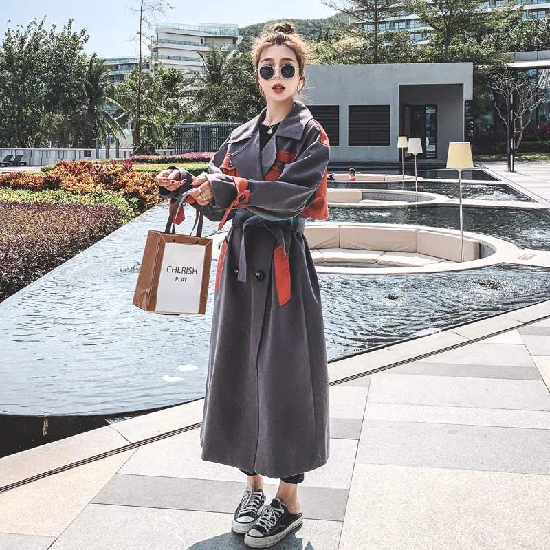 

Brand Pop Oversize Loose Long Trench Coat Women Double-Breasted Patchwork Duster Coat for Lady Spring Autumn Female Outerwear