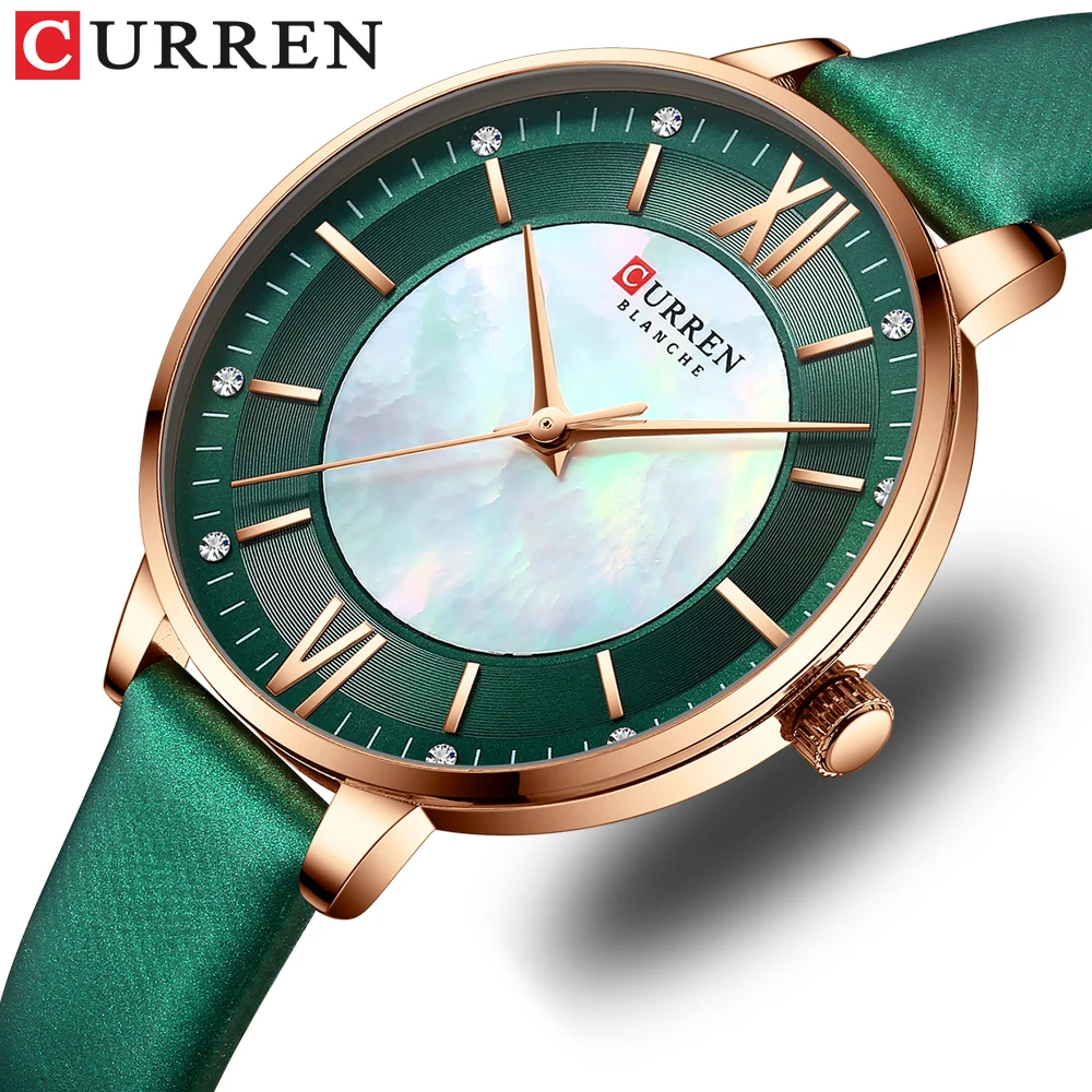 CURREN Ladies Watches Green Quartz Wrist Women Luxury Branded Clock Elegant Charming Leather Wristwatches 2021