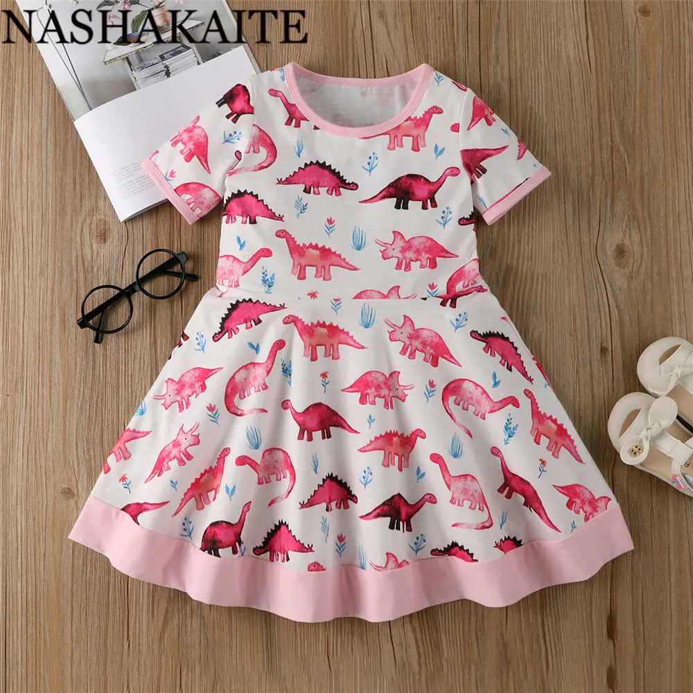 

NASHAKAITE Girl Dresses Summer Short Sleeve Cotton Pink Dinosaur Cute Dress For Girls Kids Clothes Toddler Girl Dress For 1-6Y