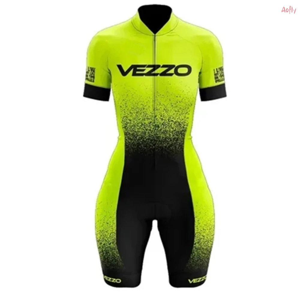 

VEZZ0 Women Cycling Clothing Bike Short Female Monkey Jumpsuit Suit Yellow-Green Cyclist Outfit With GEL Bouncy Lycra Triathlon