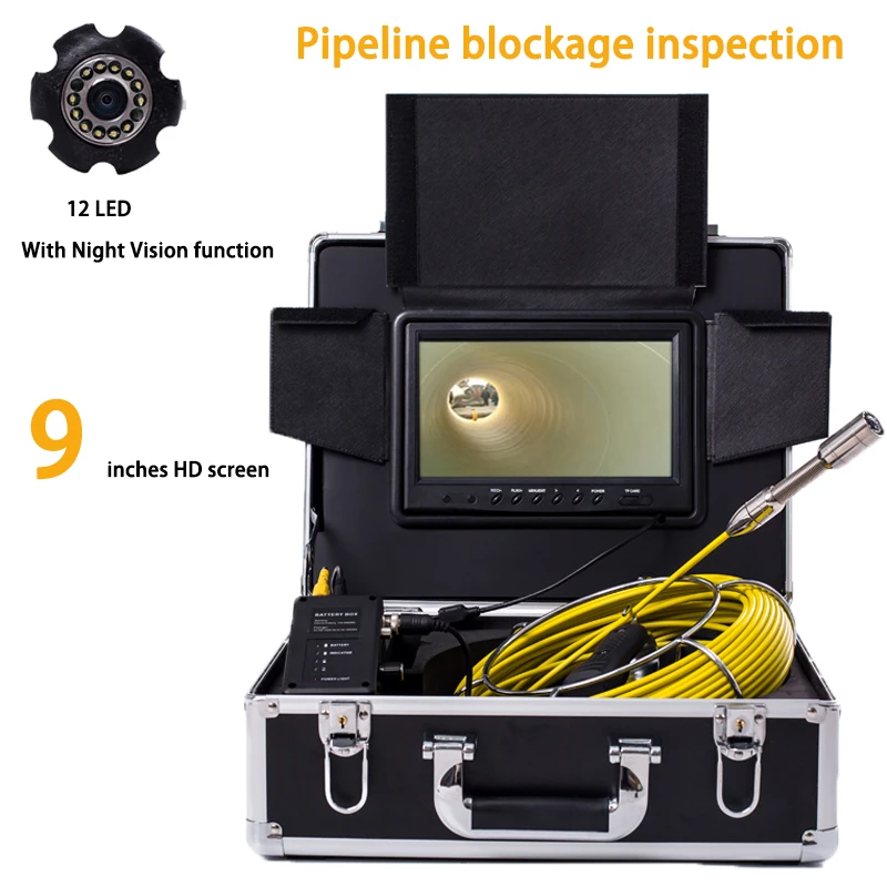 

9inch Industrial Pipeline Drain Endoscope Inspection System 20m Cable 23mm Sewer Pipe Video Camera 12pcs LEDS With DVR Recoder