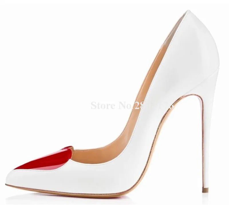 Top Brand Poined Toe Red Heart Printed Stiletto Heel Pumps 8cm 10cm 12cm White Black High Heels Wedding Dress Shoes Big Size