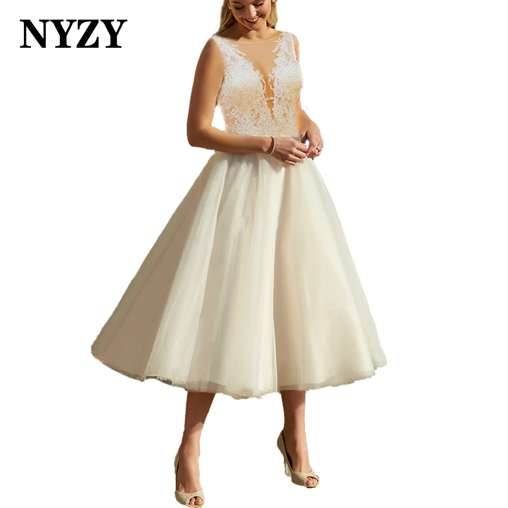 

NYZY W36 Elegant Lace Appliques See-through Top Ball Gown Tea Length Short Wedding Dress 2021