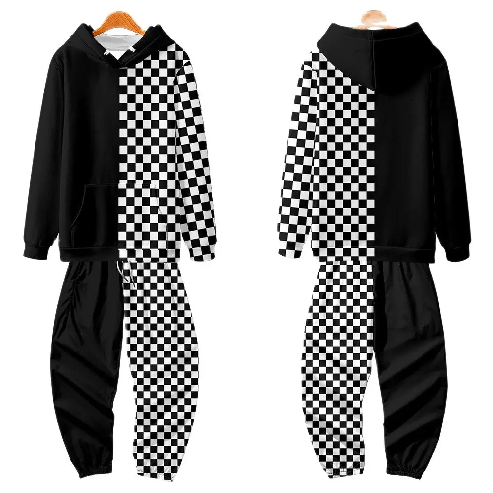 Men Black Plaid Patchwork Print Tracksuits 2 Piece Set Hoodies Sweatshirts Sweatpants Suit Outfits Men Clothing Sweatsuits