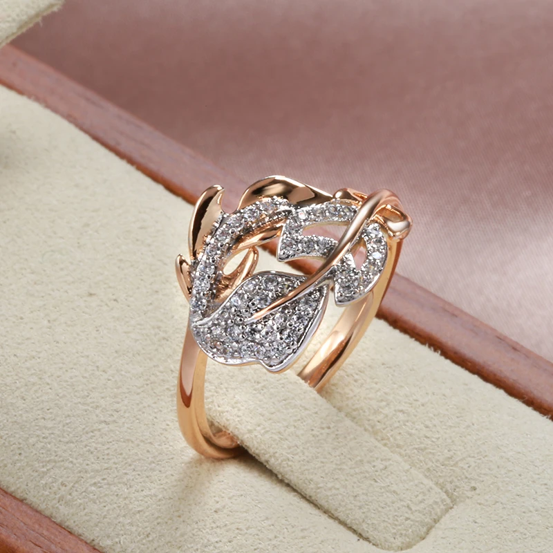 Kinel Fashion Micro-wax Inlay Natural Zircon Rings for Women 585 Rose Gold Crystal Flower Ring Fine Vintage Wedding Jewelry