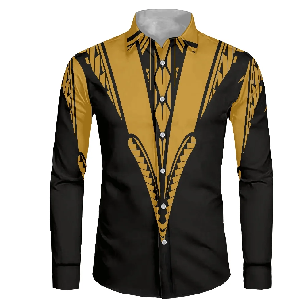 HYCOOL Tattoos Print Yellow Tribal Long Sleeve Shirt Men Polynesian Dress Men Shirt Plus Size Wedding Formal Collared Shirt 2021