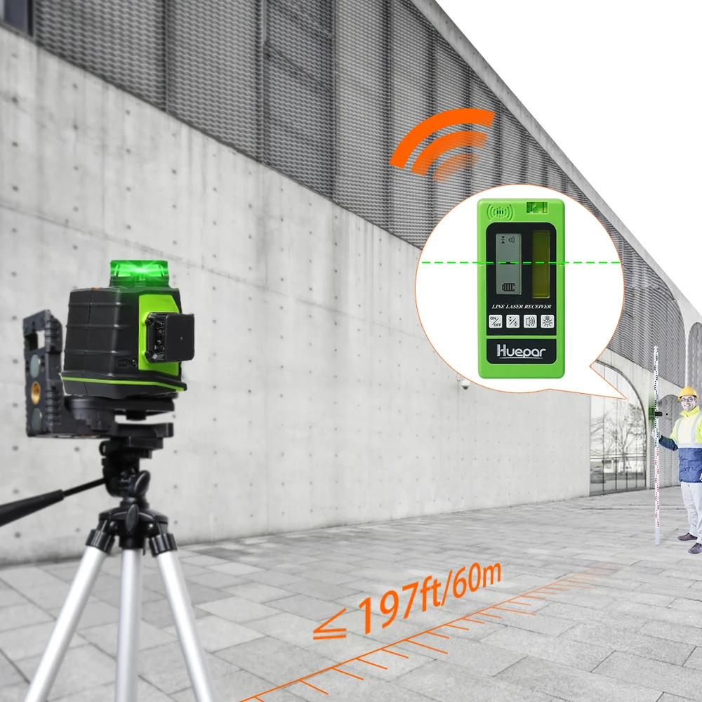 Imagem -06 - Huepar 12 Linhas 3d Cruz Linha Laser Nível Auto-nivelamento Feixe Verde Feixe Verde Modo de Pulso Cruz Nível de Linha com Receptor Laser