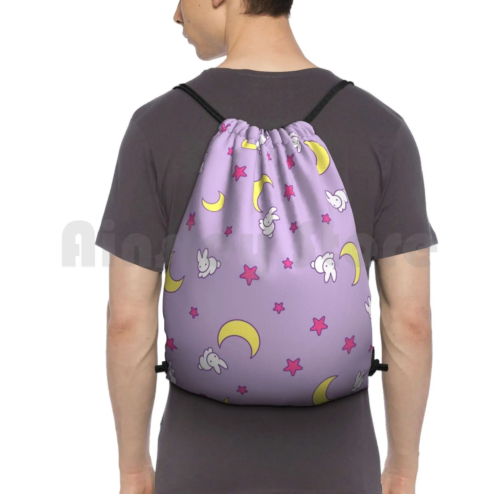 Usagi Blanket Backpack Drawstring Bags Gym Bag Waterproof Usagi Rabbit Moon Star Purple Kawaii Cute Anime