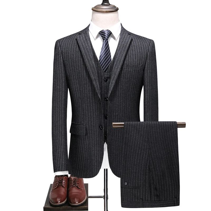 

Casual Tuxedo Striped Wedding Men Dress Suits Slim Fit Costume Homme Quality Business Suit Blazer+Vest+Pant Dark grey S-4XL