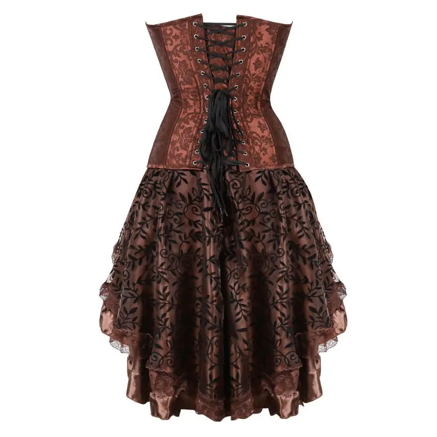 Women Steampunk Pirate Costume Floral Corset Dress Vintage Corset Overbust Top Bustier Lingerie With Asymmetrical Lace Skirt