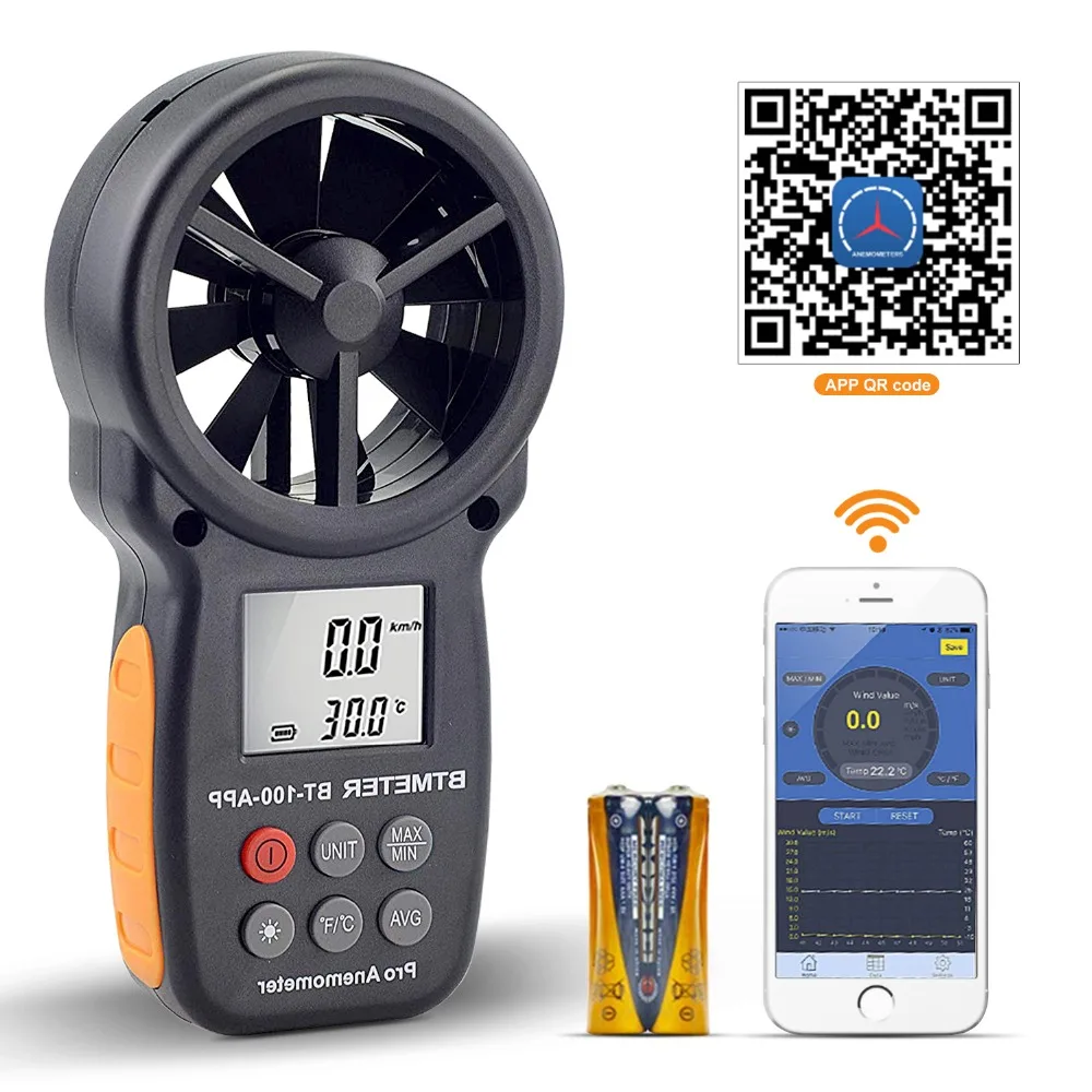 Testador de anemômetro sem fio digital, Bluetooth Weather Vane, Termômetro conectado ao telefone, medindo velocidade, temperatura, vento