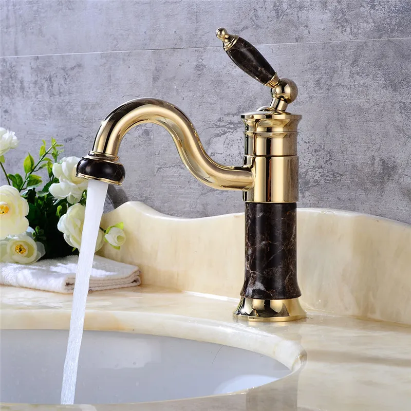 

Vidric Basin Faucet Gold Crane Brass Jade Body 360 Degree Swivel Bathroom Basin Faucet Deck Mount Counter top Water Mixer Tap