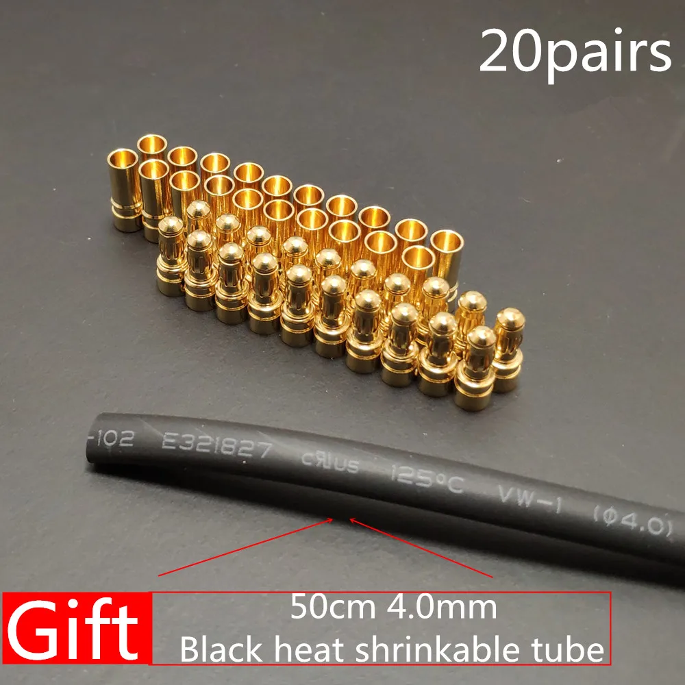 40 Pcs 3.5mm Gold Bullet Banana Connector With Heat Shrinkable Tube For RC ESC Battery Motor （20 Pairs）