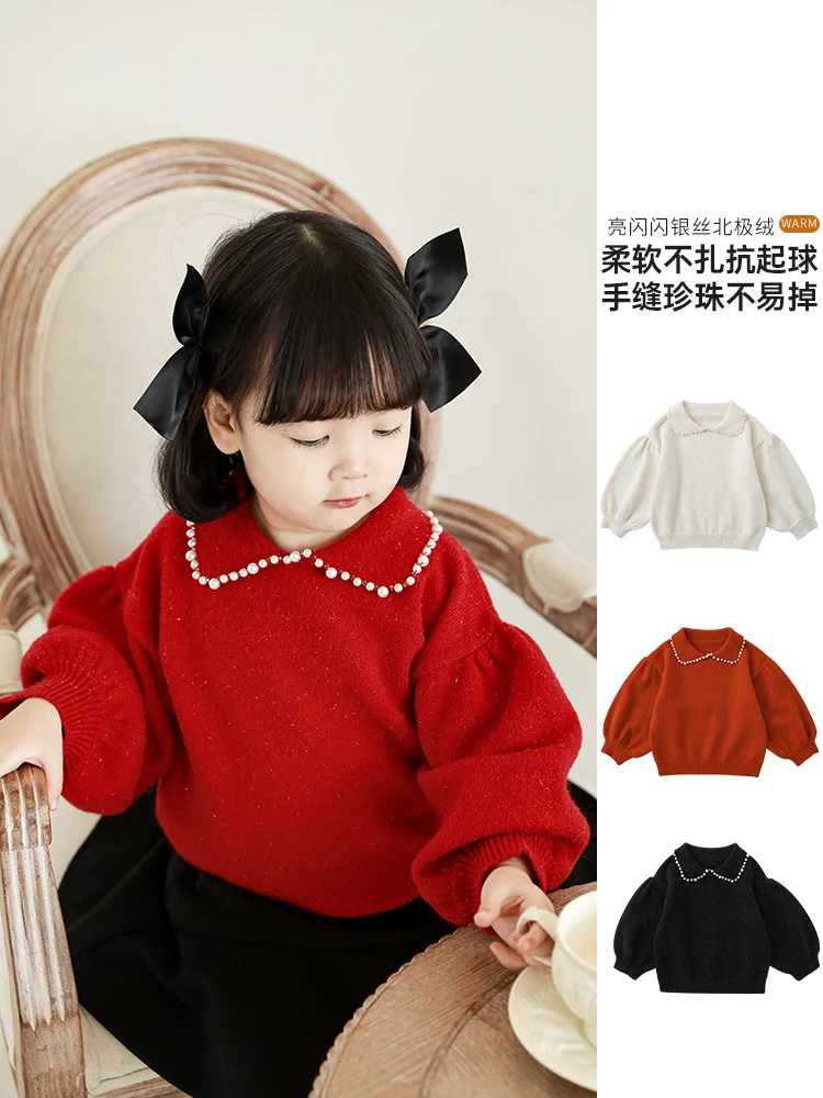 Winter New Girls Romantic Pearl Bright Silk Lantern Sleeve Sweater Children Knit Top