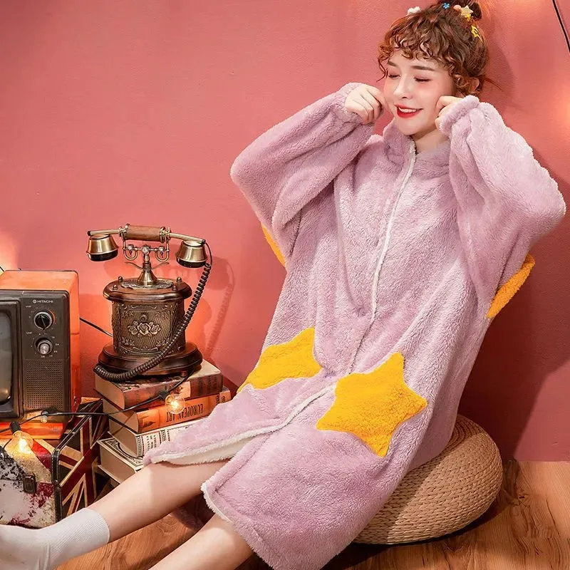 Women Thick Coral Fleece Robe Sleepwear Cute Hooded Nightgown Nightwear Winter Warm Flannel Nightdress With Pocket Long Bathrobe