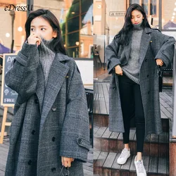 eDressU Woman Long Wool Coat Plaid High Quality Loose Oversize Autumn Winter Jacket Elegant Korean Office Lady Overcoat SY-0724