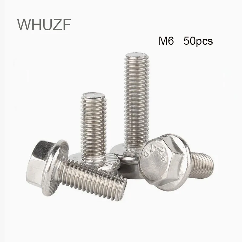 

WHUZF Free Shipping 50pcs GB5787 M6 Flange Bolt Hexagon Flange Screws 304 Stainless Steel With Tooth Anti-slip Screw A2-70