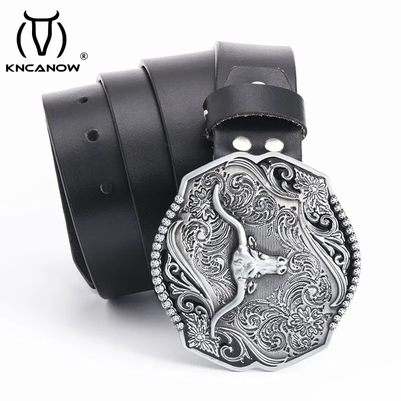 

Cowskin Leather Belts For Men With Longhorn Bull Animal Metal Buckle Western Cowboy Casual Waist Belt Fashion Male Accessories