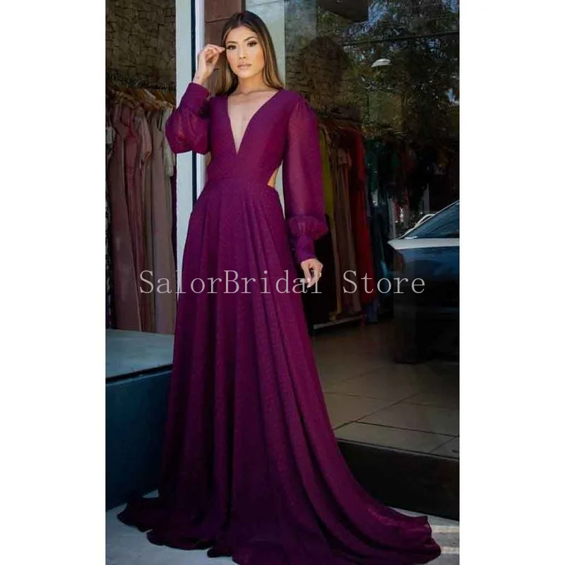 

Retro Purple Evening Dresses Deep V-neck Long Sleeve Formal Party Gowns Chiffion A-line Evening Gowns for Women Vestido De Noiva