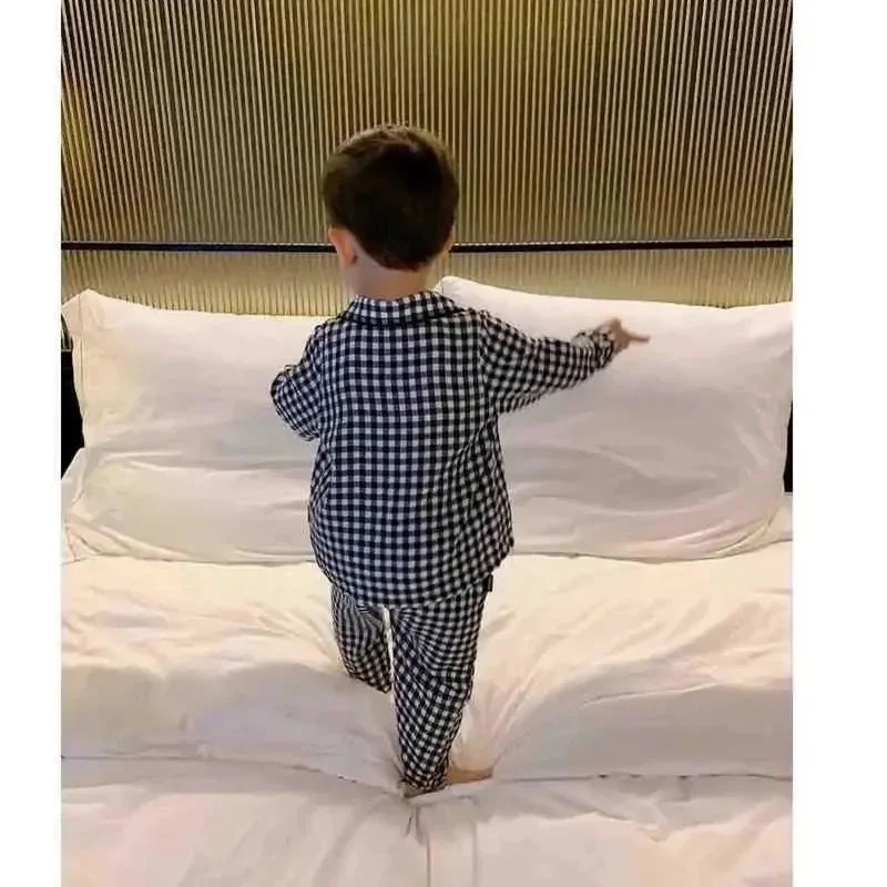 Classic Black White Grid Pajamas Sets Boys Baby Nighty Two-Piece Summer Autumn Long-Sleeved Shirt Trousers Loose Tops Pants