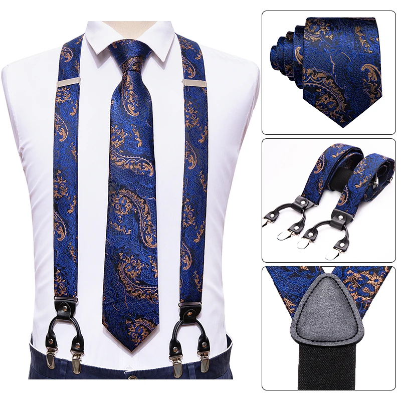 Adult Silk Suspenders Men Set 6 Clip Braces Vintage Adjustable Trousers Strap Male Gift Necktie Cufflinks Hanky Set Barry.Wang