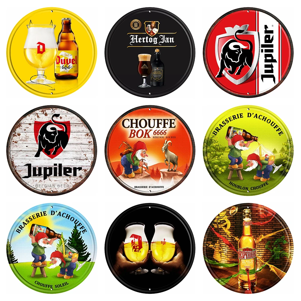 [Decorman] Jupiler La Chouffe Bok Man 동굴 금속 예술 주석 벨기에 맥주 로그인 빈티지 라운드 페인팅 바 장식 R-010 30 CM