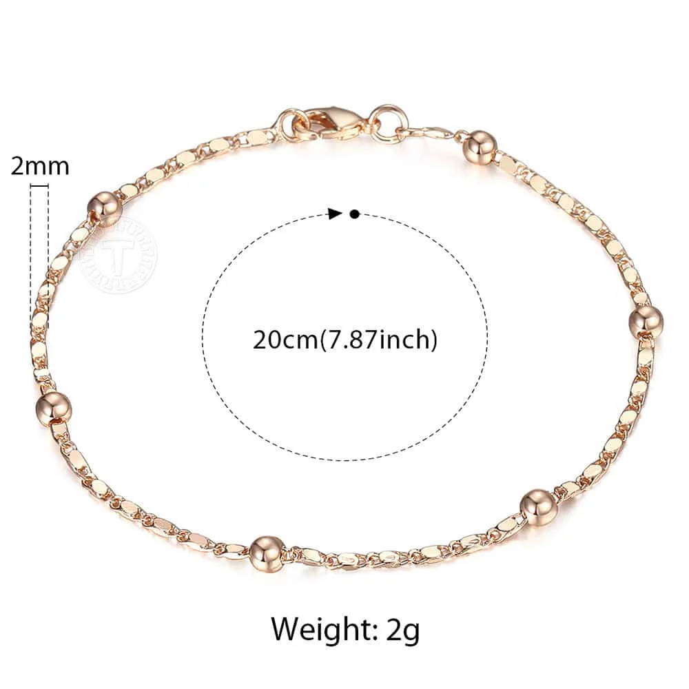 Bracelet For Women 2mm Marina Stick Bead 585 Rose Gold Color Chain & Link Bracelet Elegant Simple Jewelry Gift 20cm