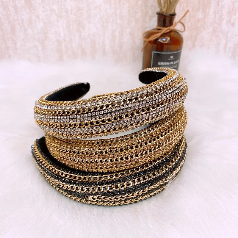 New Baroque Full Diamond Alloy Chain Heavy Industry Flannel Sponge Fashion Female Headband Headwear