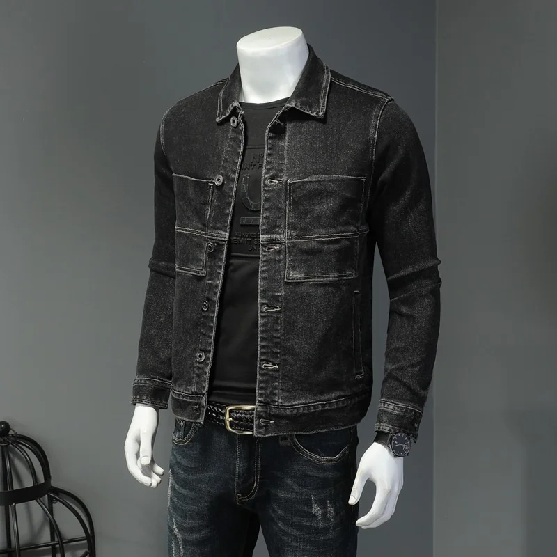 Fashion Mens Denim Jackets Spring Autumn Mens Casual Black Cotton Patchwork Jeans Coat High Quality