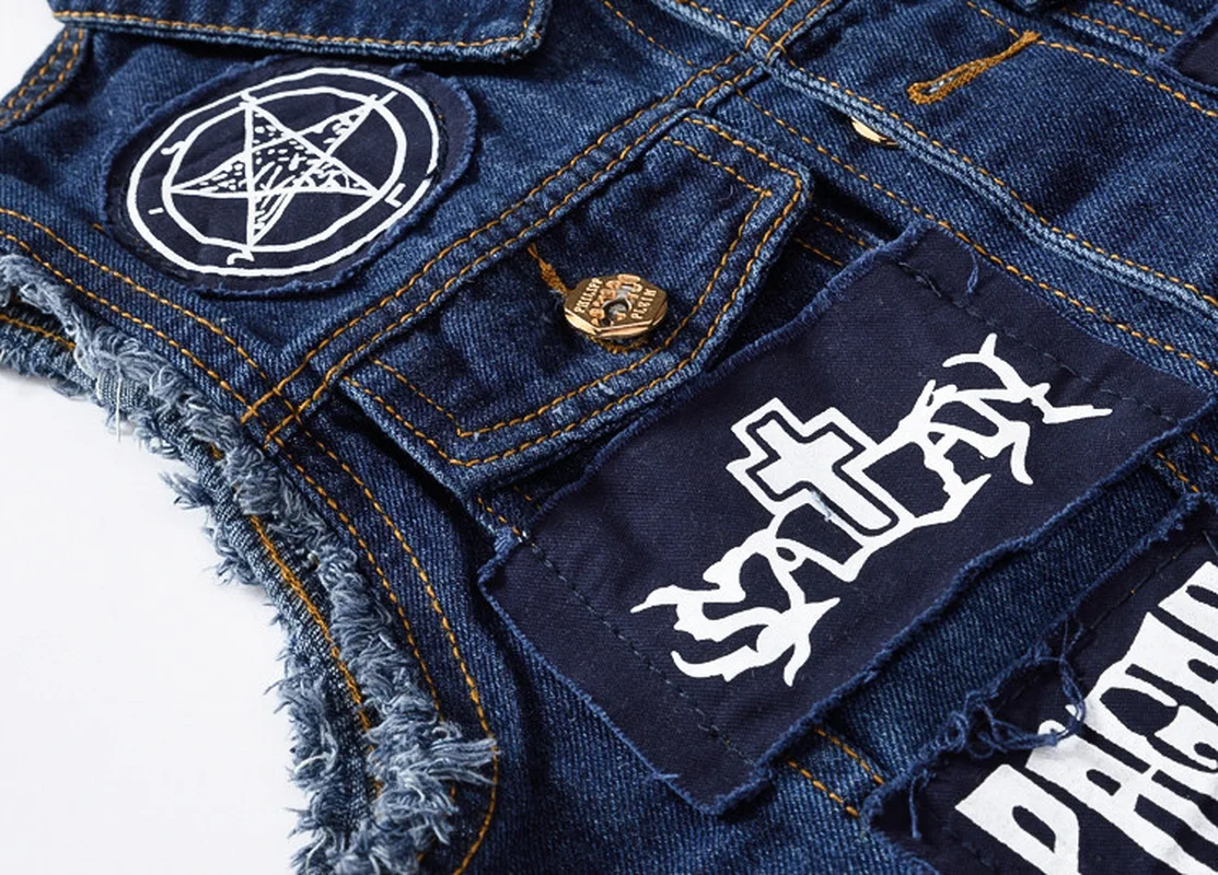 Yelek erkek-Gilet en denim glacé pour homme, design patchs, effiloché, taille 6XL, 2022