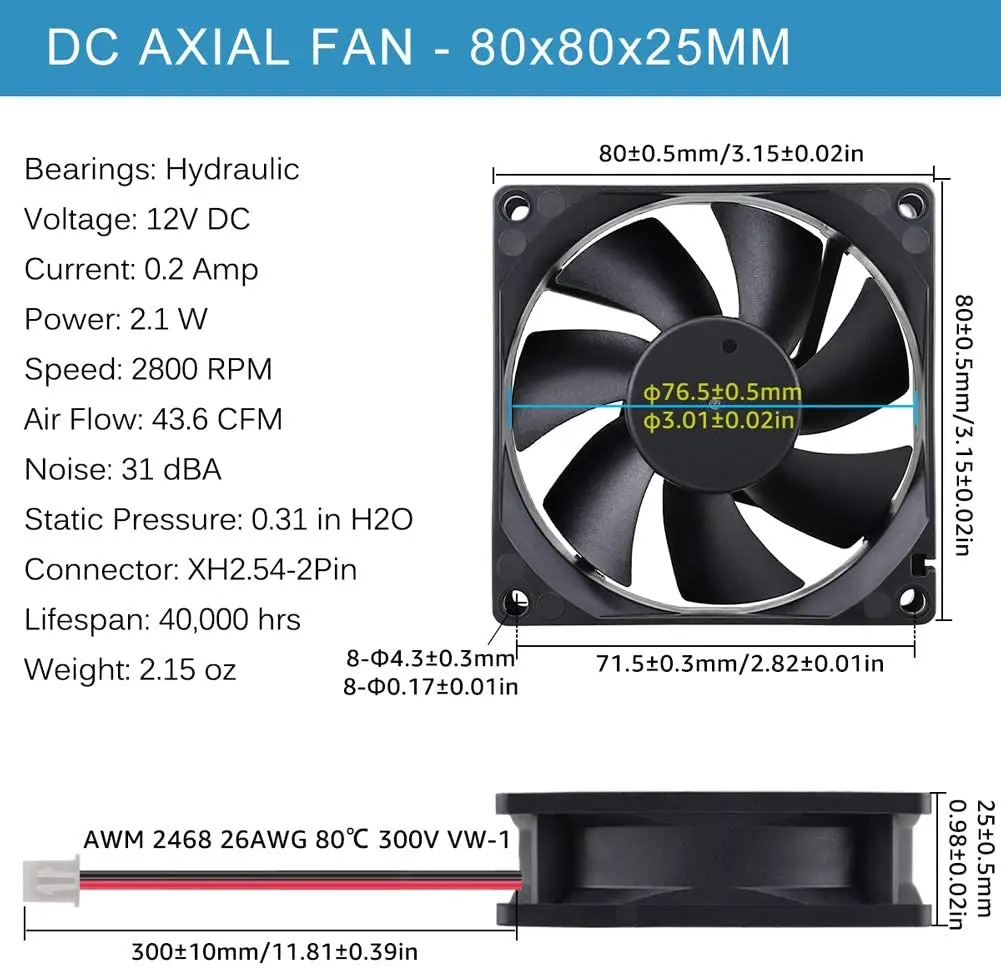 80mm x 80mm x 25mm 12V Brushless DC Cooling Fan 8025 Fan