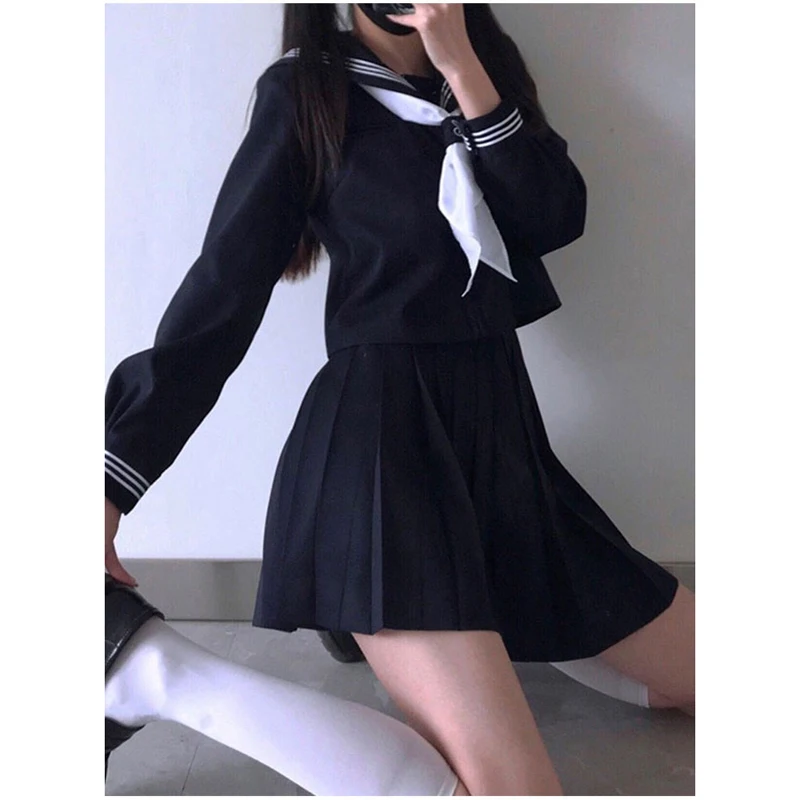 Meninas escola uniforme cor sólida jk terno saia plissada japonês escola outfits curto/médio/longo saia longa/manga curta topos