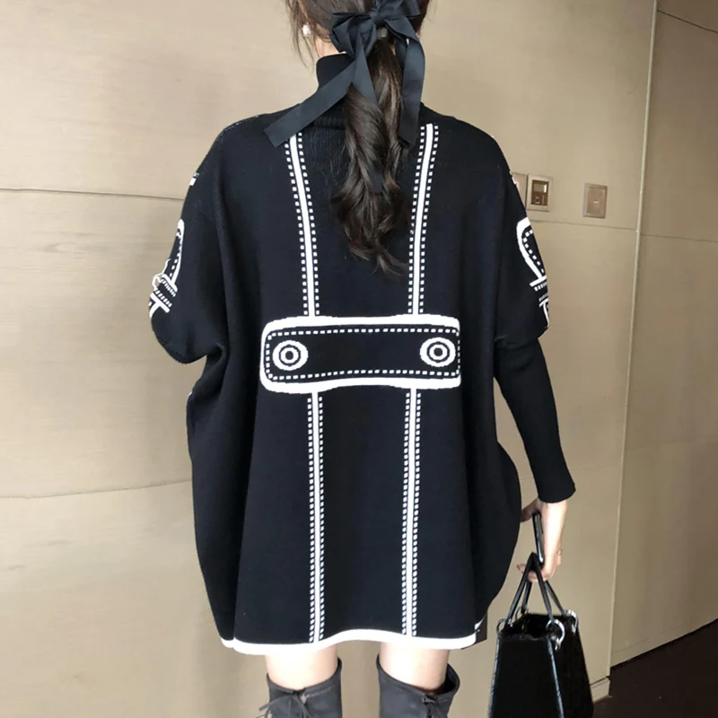 Black Pattern Oversized Turtleneck Pullover Sweater Women Autumn Winter 2024 Korean Fashion Batwing Sleeve Loose Knitted Sweater