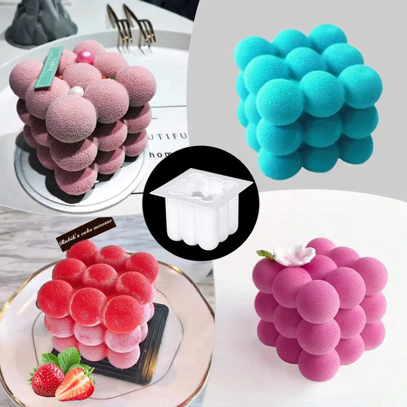 6 Cavities Silicone Candle Plaster Mould 3D Cube Square Bubble DIY Non-stick Kitchen Dessert Cake Tray Oven Safe Cake Molds