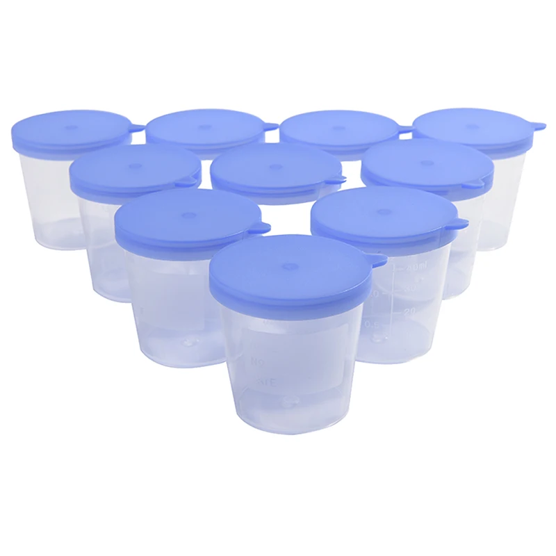 Vaso de plástico 40ML contenedor de orina taza para muestras botella de muestra caliente 10 Uds Vol moldeado graduación ML y Oz PP EO estéril tapa