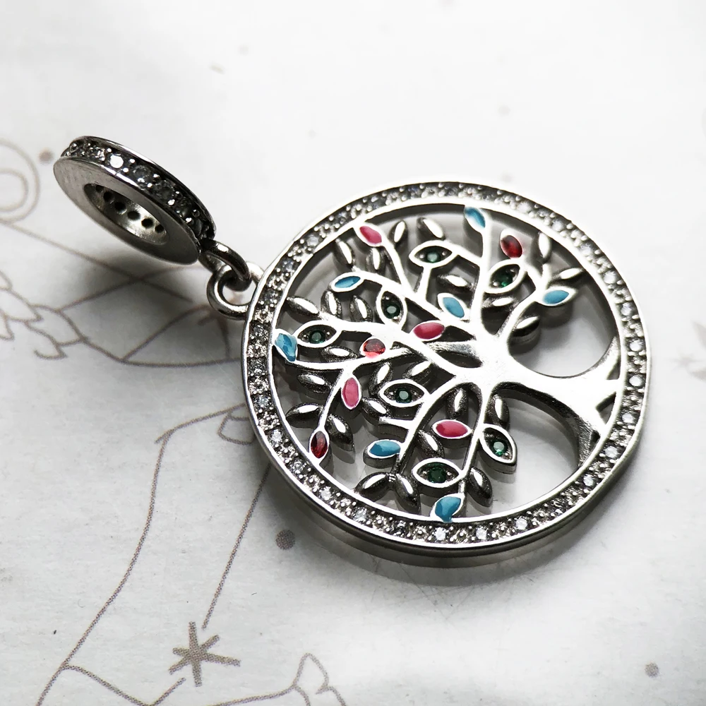 Colorful Tree Pendant 925 Sterling Silver Dangle Charm Women Romantic Fine Jewelry