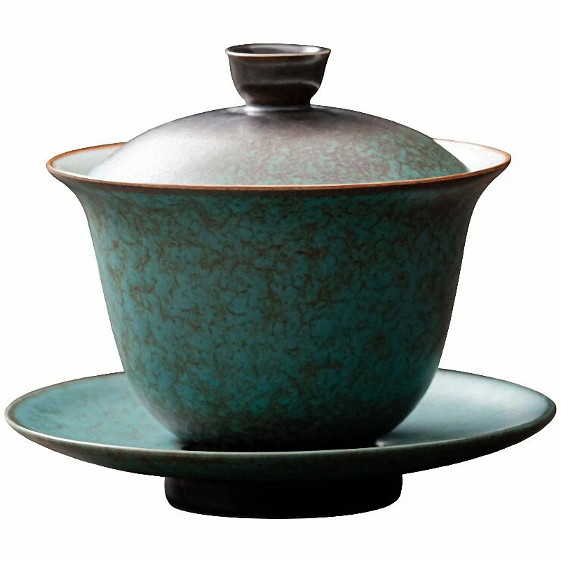 PINNY 160ML Ceramic Turquoise Glaze Gaiwan Coarse Pottery Tea Tureen Retro Pigmented Tea Bowl Kung Fu Drinkware