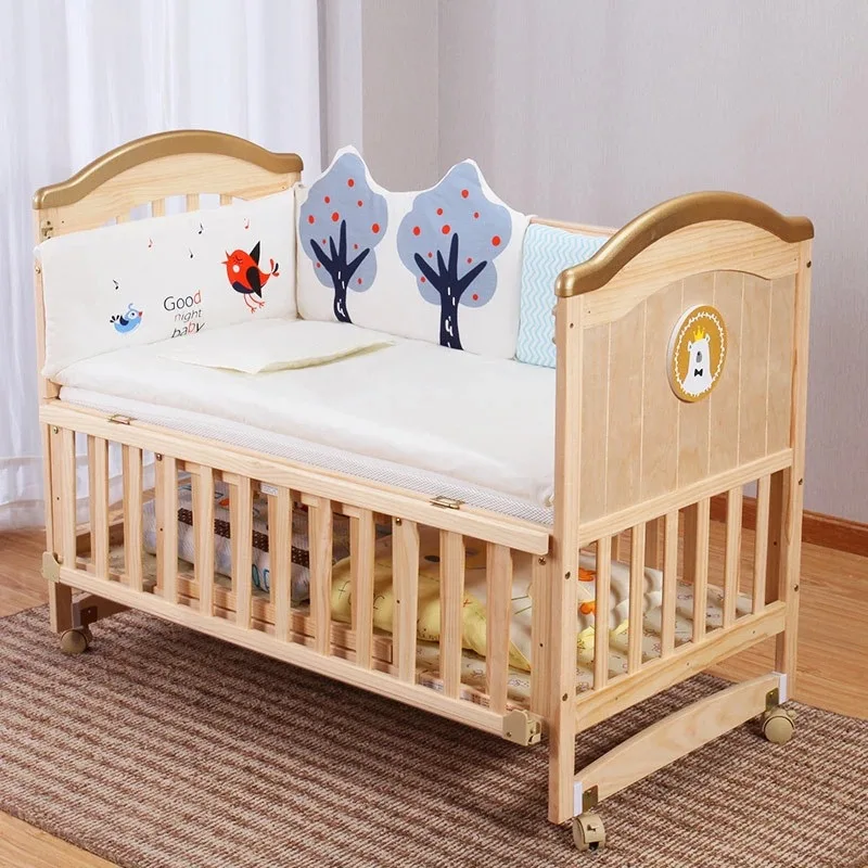 

Crib solid wood unpainted baby bb bed cradle bed multifunctional child newborn toddler stitching bed